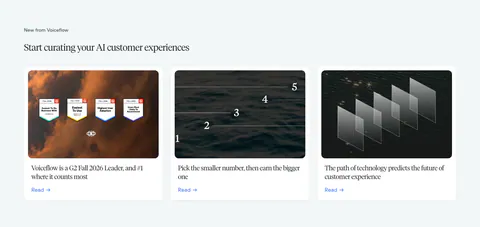 Voiceflow blog & resources section: serif headline above three article cards with photographic thumbnails on a pale gray background