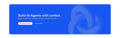 Voiceflow call-to-action section: bright blue rounded banner with left headline and buttons beside ASCII-art logo on a dot grid