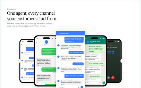 Voiceflow features section: left-aligned serif headline above a carousel of phone and chat UI mockups with arrow controls