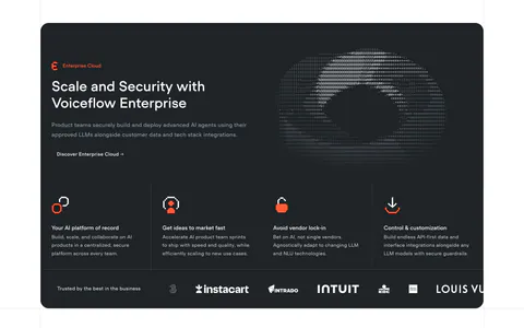 Voiceflow features section: charcoal panel with headline left and ASCII art right, four feature columns and a customer logo strip