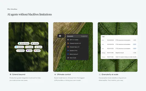 Voiceflow features section: serif headline above three cards pairing nature photos with integration, model picker and log UI overlays