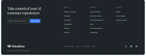 Voiceflow footer section: dark rounded panel with serif headline and email field on the left, three link columns and social icons