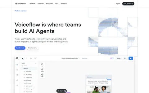 Voiceflow hero section: left-aligned headline with ASCII-art graphic, an agent builder canvas screenshot and a logo strip on white