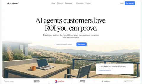 Voiceflow hero section: centered serif headline and email signup field over a painted terrace landscape, customer logo tabs below