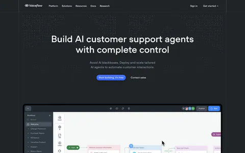 Voiceflow hero section: centered headline and buttons on a charcoal dotted background above a workflow builder canvas screenshot
