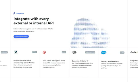 Voiceflow integrations section: headline left and ASCII-art cloud right above a scrolling row of integration cards like Zendesk and Twilio