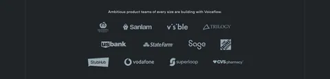 Voiceflow logo cloud section: centered line of text above three rows of grayscale customer logos on a charcoal background