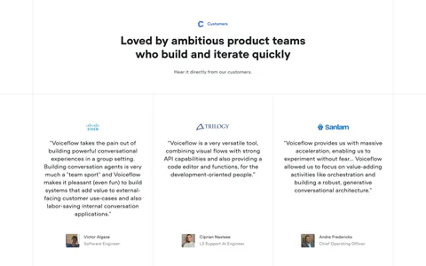 Voiceflow testimonials section: centered headline above three quote columns with company logos and avatar headshots on white