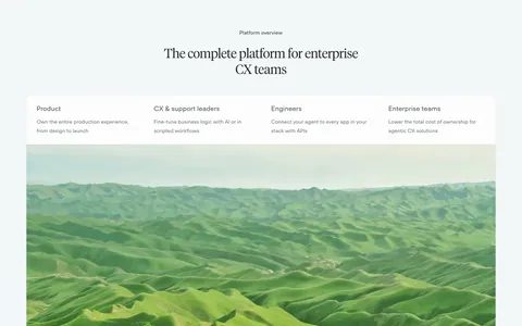 Voiceflow use cases section: centered serif headline, four role tabs over a large green hills photo, three feature notes below