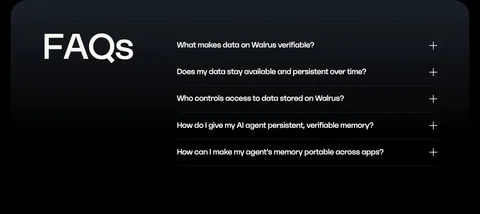 Walrus FAQ section: oversized FAQs heading on the left beside a five-question accordion on a dark panel