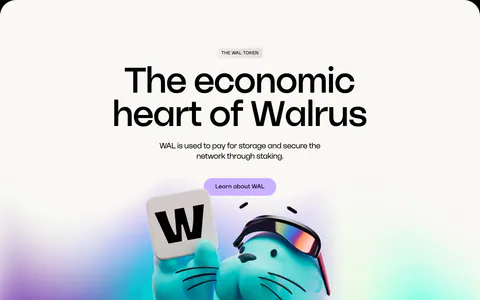 Walrus features section: huge centered headline and lavender button above a 3D walrus holding a W tile on off-white