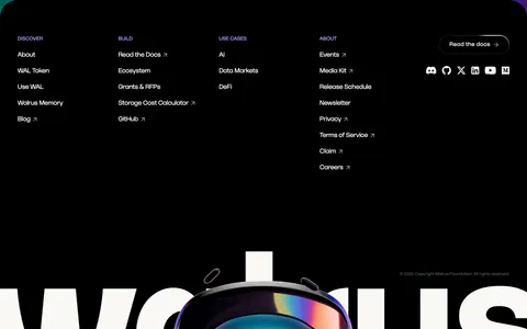 Walrus footer section: black footer with link columns and social icons above a giant walrus wordmark with 3D mascot