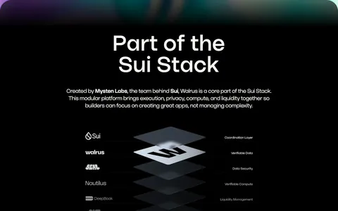Walrus integrations section: centered headline above an isometric stacked-layer diagram of Sui stack products on black