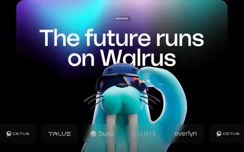 Walrus logo cloud section: huge headline over aurora glow with a 3D walrus mascot behind a row of partner logos