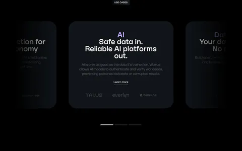 Walrus use cases section: carousel of dark use case cards with a centered AI card, partner logos and pagination bars