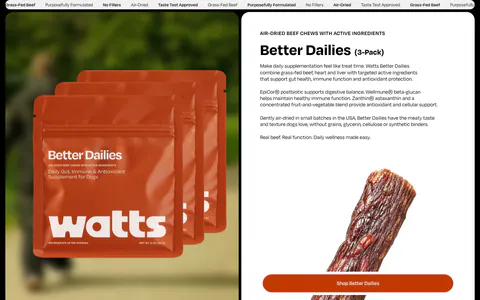 Watts features section: product bag photo on the left, Better Dailies details, jerky photo and shop button on a white card on the right