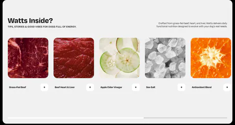 Watts features section: horizontal row of ingredient photo cards with plus buttons and a scroll progress bar on light gray