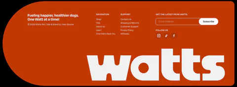 Watts footer section: burnt-orange rounded panel with link columns, email subscribe field, social icons and a giant white watts wordmark