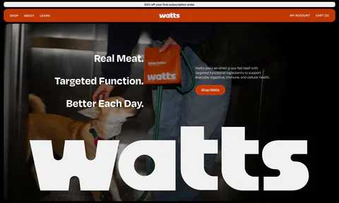 Watts hero section: stacked headline and shop button over a full-bleed photo of a dog and owner, with a giant white watts wordmark
