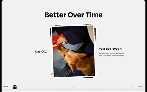 Watts how it works section: centered heading over a stacked dog photo, day label and caption with a day-by-day timeline scrubber