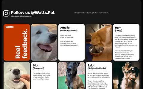 Watts testimonials section: grid of dog photos and customer review cards under an Instagram handle heading on a dark frame