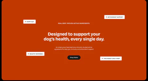 Watts value proposition section: centered headline and shop button on a burnt-orange panel with floating benefit tags