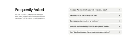 Wavelength FAQ section: headline and short description at left beside a stack of five light gray accordion questions on white