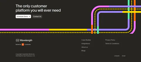 Wavelength footer section: closing headline with two buttons over colorful transit lines, then logo, link columns and copyright on charcoal