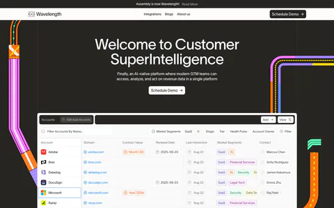 Wavelength hero section: centered headline and Schedule Demo button above an accounts table screenshot, flanked by colorful transit lines on charcoal