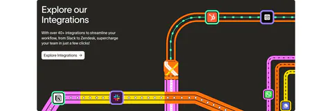 Wavelength integrations section: headline and Explore Integrations button at left beside a colorful transit-map graphic linking app icons