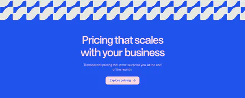 Weav call to action section: centered headline, copy and pink button on a bright blue background under a wave pattern strip