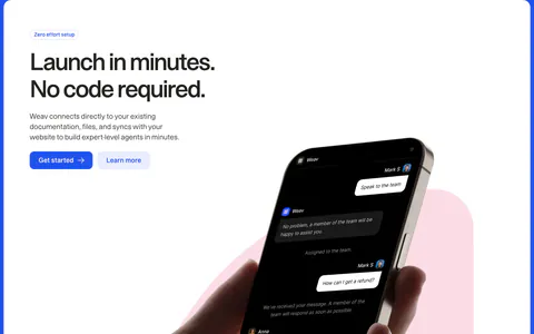 Weav features section: headline and two buttons above a hand holding a phone with a dark chat UI over a pink blob, plus a chat reply card
