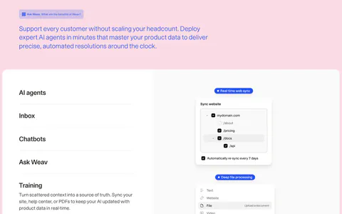 Weav features section: intro text on pink above a white card with an expandable feature list on the left and stacked sync and chat UI cards