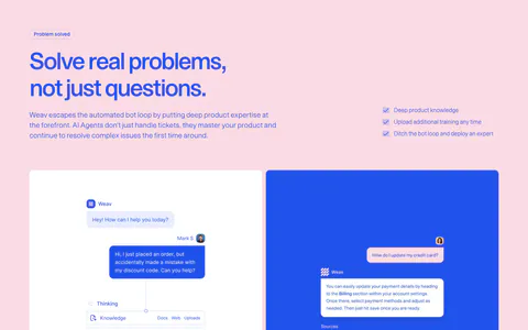 Weav features section: blue headline and checklist on pink above a white panel with an AI reasoning chat flow and a blue panel with a sourced reply
