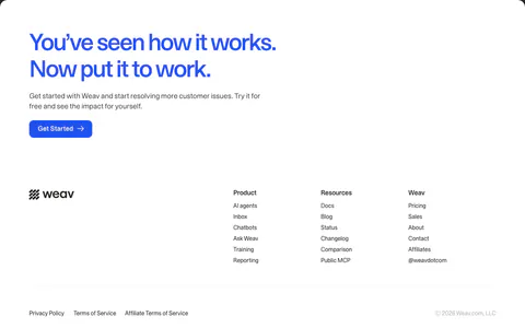 Weav footer section: large blue CTA headline and button above a white footer with wordmark, three link columns and legal links