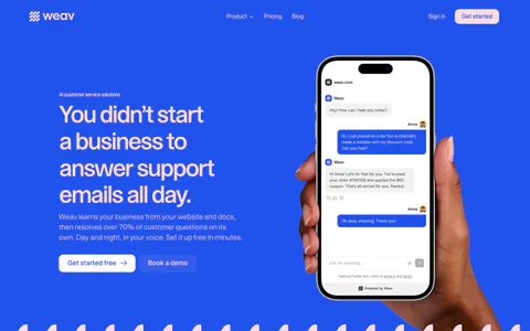 Weav hero section: headline and two buttons on a bright blue background beside a hand holding a phone with a support chat, wave pattern below
