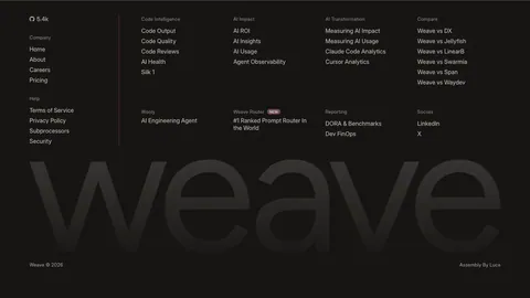 Weave footer section: near-black footer with link columns and a huge faint weave wordmark spanning the full width