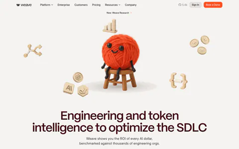 Weave hero section: 3D yarn ball character and floating icons above a centered headline and two buttons on a warm light background