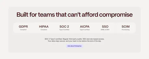 Weave security section: centered headline above a row of compliance tiles (GDPR, HIPAA, SOC 2, SSO) and an enterprise button in a gray panel