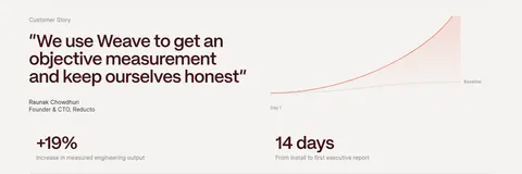 Weave testimonials section: large quote with attribution beside a growth line chart, above two outcome metrics on a warm light background
