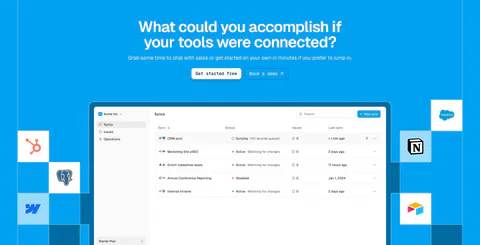 Whalesync call-to-action section: centered headline and buttons above a syncs dashboard screenshot flanked by app icon tiles on bright blue