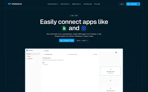 Whalesync hero section: centered headline with inline app icons and buttons above a new-sync product screenshot on dark navy dot grids