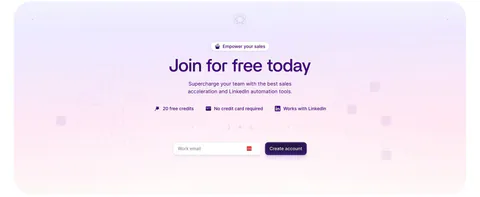Wiza call-to-action section: centered headline, benefit badges and work-email signup field on a lavender-to-pink gradient card