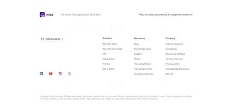 Wiza footer section: logo and tagline above three link columns, email button and social icons on a white background