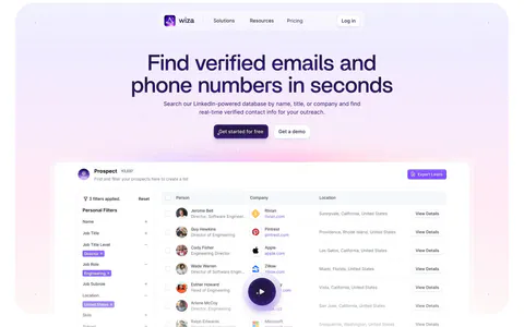 Wiza hero section: centered headline and two buttons above a prospect table product screenshot with play button on a lavender glow