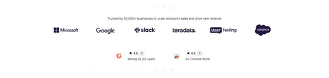 Wiza logo cloud section: single row of customer logos above G2 and Chrome Store rating badges on a white background