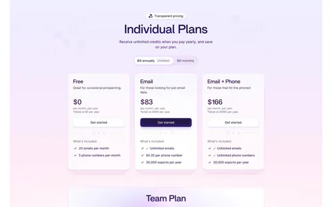 Wiza pricing section: billing toggle above three plan cards and a wide Team Plan card with feature checklist on a lavender gradient