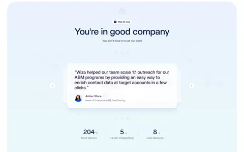 Wiza testimonials section: centered headline above a quote card carousel with arrows and three metrics on a pale blue background