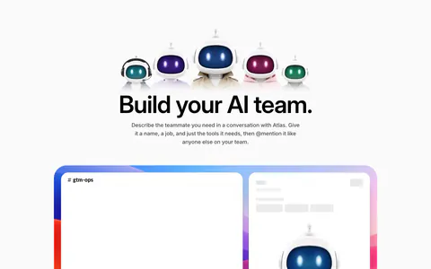 WorkOS features section: row of 3D robot characters above a centered headline and a Slack mockup carousel