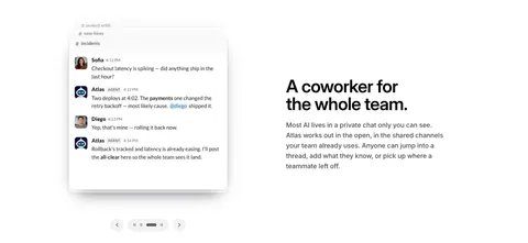 WorkOS features section: Slack chat thread mockup with carousel arrows on the left, headline and copy on the right